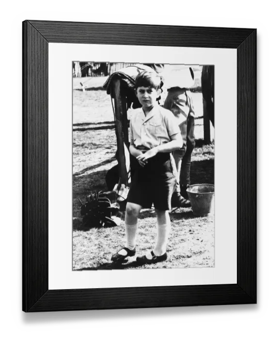 Framed Print : Prince Charles as a shy young boy wearing knee lengths shorts nervously playing with his