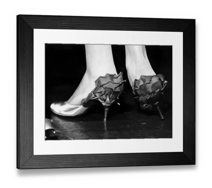 Framed Print : Fashion 1957 Red hibiscus flowers on the back of exotic shoes July 1957 Framed Print : Fashion 1957 Red hibiscus flowers on the back of exotic shoes July 1957