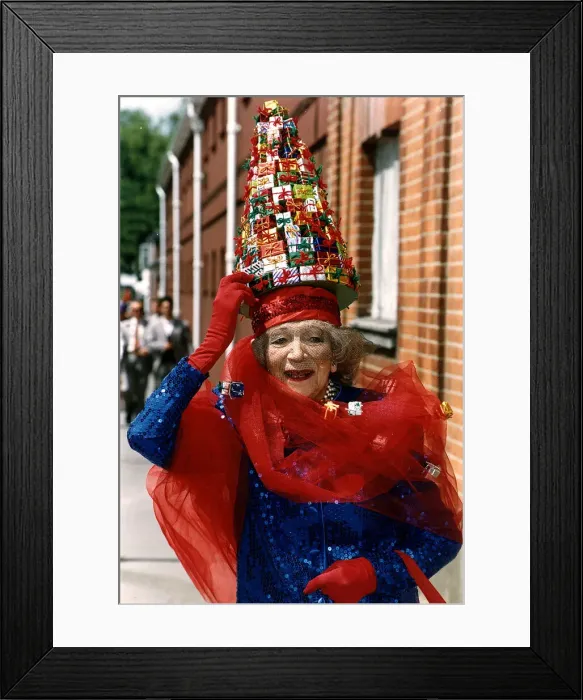 Framed Print : Gertrude Shilling wearing an outrageous hat at Ascot races June 1992 Framed Print : Gertrude Shilling wearing an outrageous hat at Ascot races June 1992