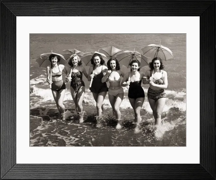 Framed Print : Girls from the show Revels of 1951 splashing in the sea at Sandown Isle of Wight Framed Print : Girls from the show Revels of 1951 splashing in the sea at Sandown Isle of Wight
