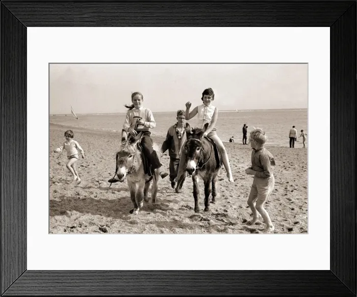 Framed Print : Donkey rides on Exmouth Beach Children childhood Holidaymakers