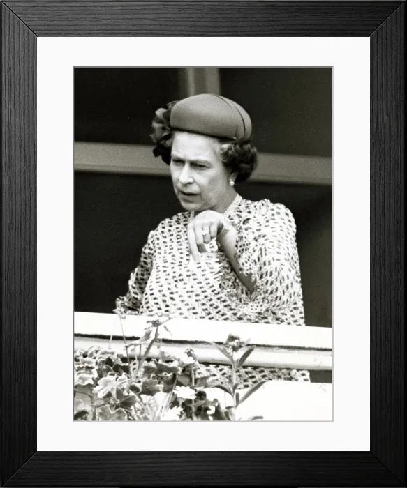 Framed Print : Queen Elizabeth II at Derby Day 1982 at Epsom Pointing downwards at possible Framed Print : Queen Elizabeth II at Derby Day 1982 at Epsom Pointing downwards at possible