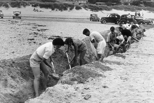 Porthcothan Bay Cornwall, 1950s Holiday Makers dig a trech in the sand to stop