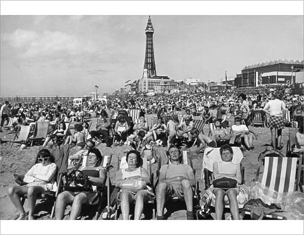 Holidaymakers sunbathing on Blackpool beach Blackpool Tower August 1972