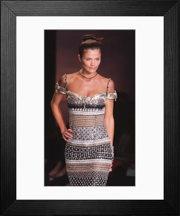 Framed Print : Helena Christensen models for Dior at Paris fashion show Off the shoulder dress Framed Print : Helena Christensen models for Dior at Paris fashion show Off the shoulder dress