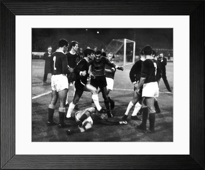 Framed Print : Chelseas Terry Venables leaps to the defence of teamate Eddie McCreadie stepping Framed Print : Chelseas Terry Venables leaps to the defence of teamate Eddie McCreadie stepping