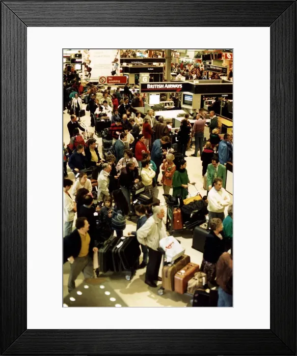 Framed Print : Air Passengers at Heathrow airport amid flight delays April 1996 Framed Print : Air Passengers at Heathrow airport amid flight delays April 1996