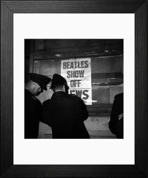 Framed Print : Policemen in Portsmouth, putting up posters which read BEATLES SHOW OFF Framed Print : Policemen in Portsmouth, putting up posters which read BEATLES SHOW OFF