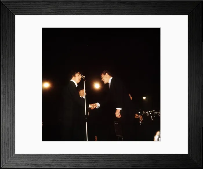Framed Print : John Lennon and Paul McCartney of The Beatles receiving awards from Roger Moore Framed Print : John Lennon and Paul McCartney of The Beatles receiving awards from Roger Moore