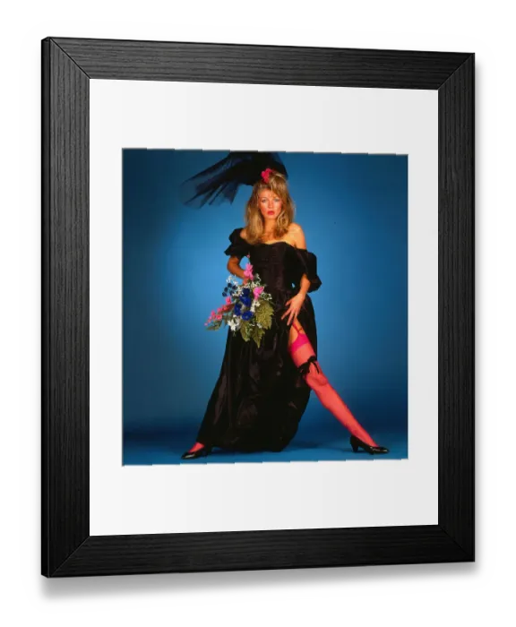Framed Print : Black Wedding dress fashion, August 1987 model wearing wedding dress pink stockings Framed Print : Black Wedding dress fashion, August 1987 model wearing wedding dress pink stockings