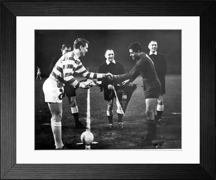 Framed Print : Celtic versus Barcelona December 1964 Celtic captain Billy McNeill greets Framed Print : Celtic versus Barcelona December 1964 Celtic captain Billy McNeill greets