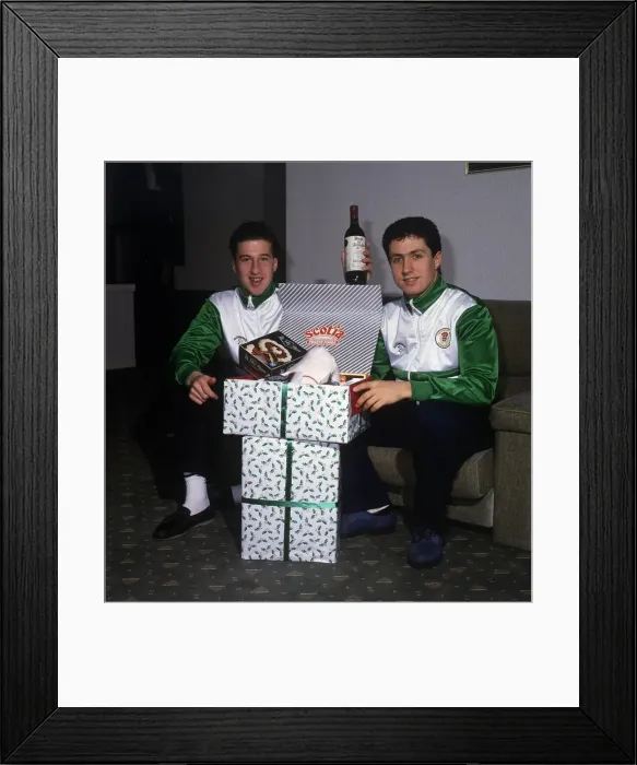 Framed Print : Paul Kane & John Collins with presents December 1987 Framed Print : Paul Kane & John Collins with presents December 1987