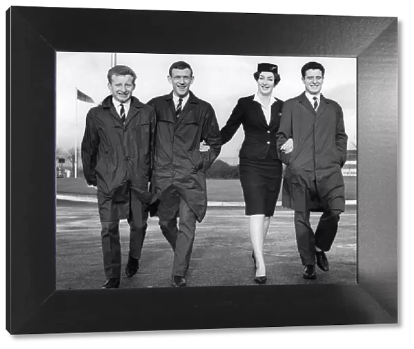 Air Hostess at Renfrew Airport escorts Celtic players Johnstone, Lennox & Gallagher