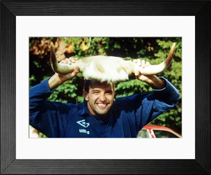 Framed Print : Wolverhampton Wanderers footbaler Steve Bull football holding up a pair of cow horns to Framed Print : Wolverhampton Wanderers footbaler Steve Bull football holding up a pair of cow horns to