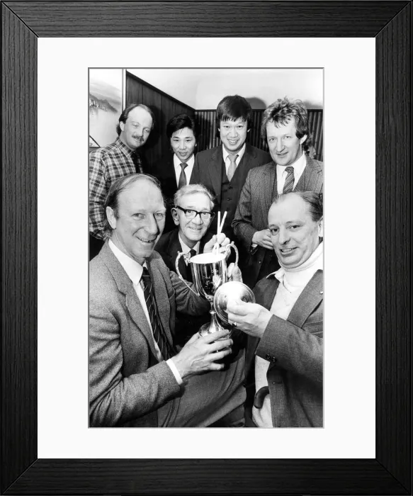 Framed Print : Newcastle United manager Jack Charlton presents an angling trophy to angling club Framed Print : Newcastle United manager Jack Charlton presents an angling trophy to angling club