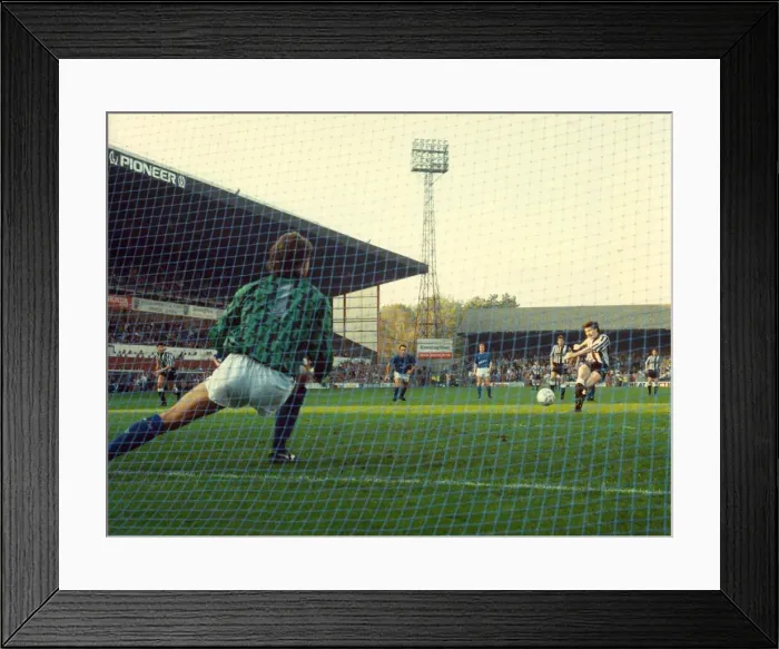 Framed Print : Newcastle United player Mick Quinn scores a penalty during the LEague Division Two match