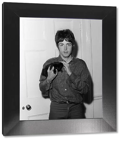 Paul McCartney of The Beatles holding a kitten at his home on his 25th birthday 18 June