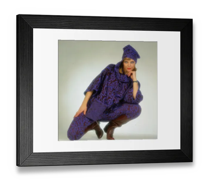 Framed Print : Woollens fashion, November 1985 Female modelling woollen outfit