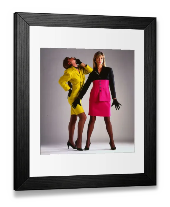 Framed Print : Fashion models wearing two piece suits - 1988 Two models wearing suits yellow suit Framed Print : Fashion models wearing two piece suits - 1988 Two models wearing suits yellow suit