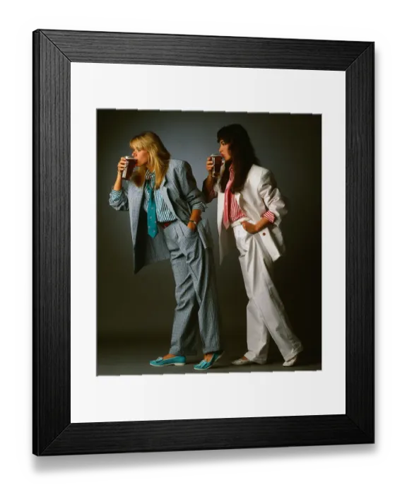Framed Print : Carol Smillie fashion model 1987 two models wearing mens suits drinking pint Framed Print : Carol Smillie fashion model 1987 two models wearing mens suits drinking pint