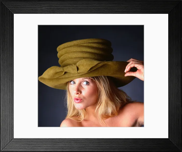 Framed Print : Hat Fashion model wears green felt hat, November 1989 Framed Print : Hat Fashion model wears green felt hat, November 1989