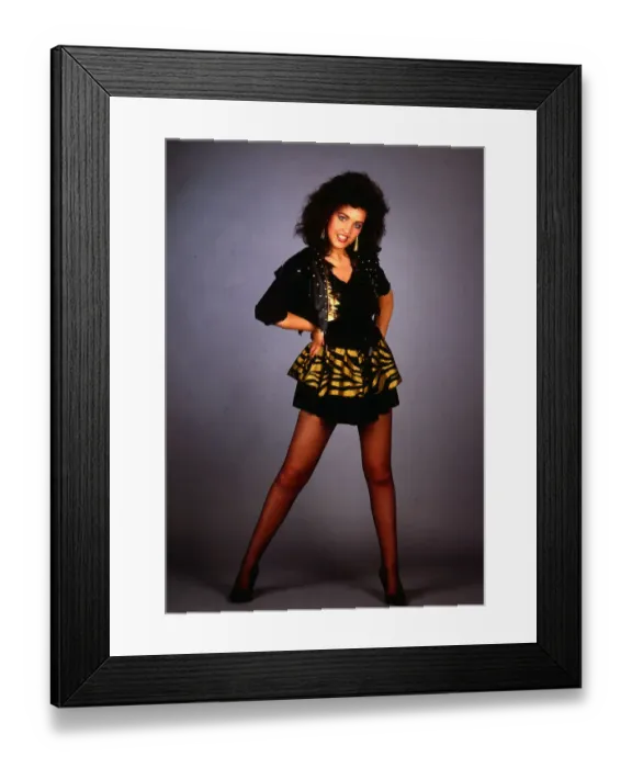 Framed Print : Mini Dress Fashion Model Kerri Long wears black and gold Ra Ra skirt dress