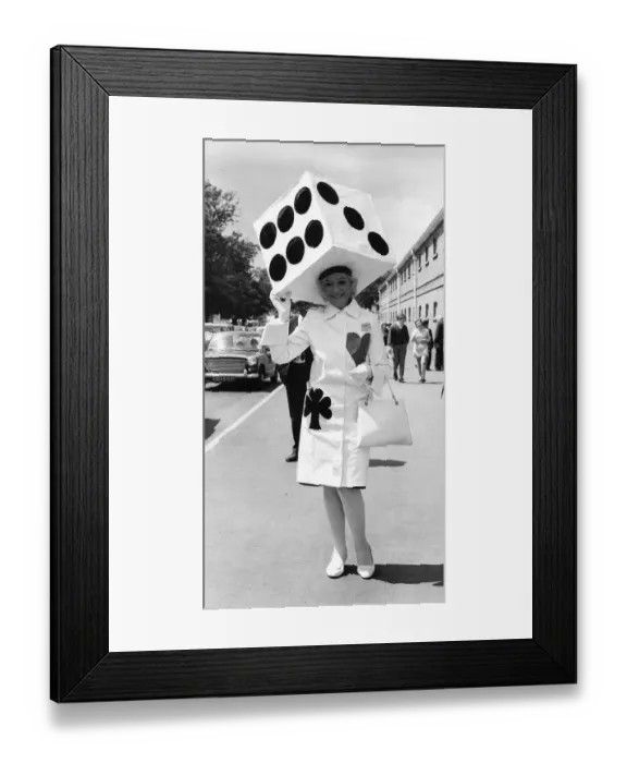 Framed Print : Gertude Shilling in giant dice hat at Royal Ascot in June 1969 Sixties fashion