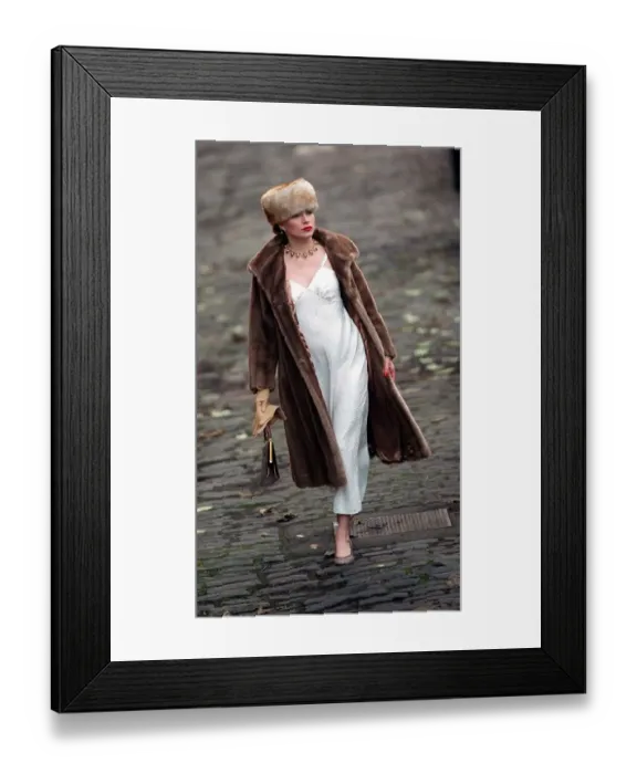 Framed Print : Evita Fashion Model wearing brown fur coat and hat white slip dress handbag gold Framed Print : Evita Fashion Model wearing brown fur coat and hat white slip dress handbag gold