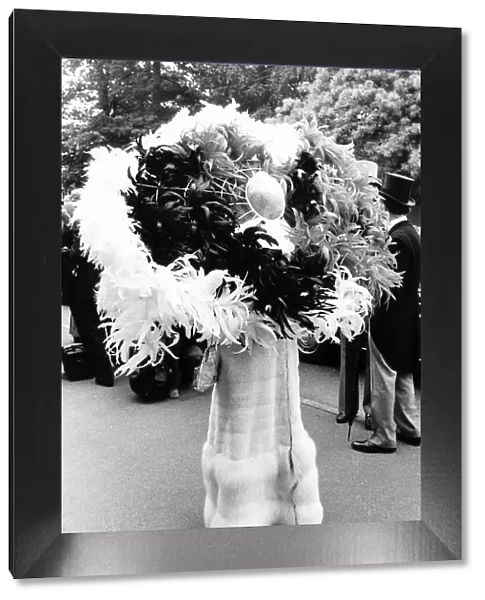 Gertrude Shilling in feather hat at Royal Ascot in June 1976