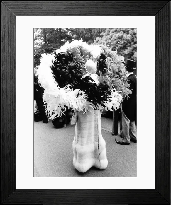 Framed Print : Gertrude Shilling in feather hat at Royal Ascot in June 1976 Framed Print : Gertrude Shilling in feather hat at Royal Ascot in June 1976