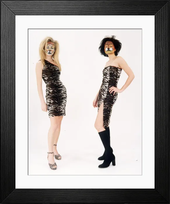 Framed Print : Tiger print dress with Leopard print sandals and boots, December 1997 Framed Print : Tiger print dress with Leopard print sandals and boots, December 1997