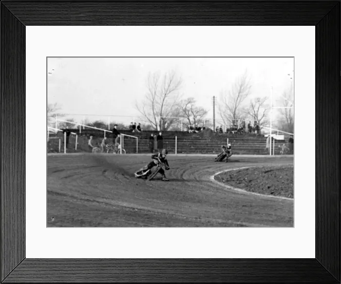 Framed Print : Sport - Speedway - Cardiff - Crack riders of the speedway scorch the cinders at a try-out