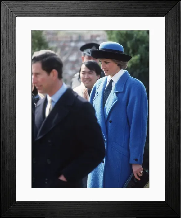 Framed Print : Princess Diana, Princess of Wales, wearing a blue coat, with husband Prince Charles on a Framed Print : Princess Diana, Princess of Wales, wearing a blue coat, with husband Prince Charles on a