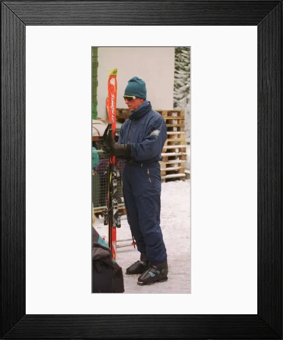 Framed Print : Prince Charles in ski suit skiing with Santa and Tara Palmer Tomkinson in Klosters Framed Print : Prince Charles in ski suit skiing with Santa and Tara Palmer Tomkinson in Klosters