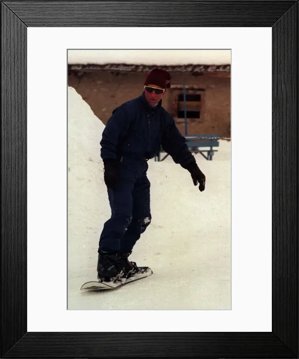 Framed Print : Charles Prince of Wales snowboarding in Klosters Framed Print : Charles Prince of Wales snowboarding in Klosters