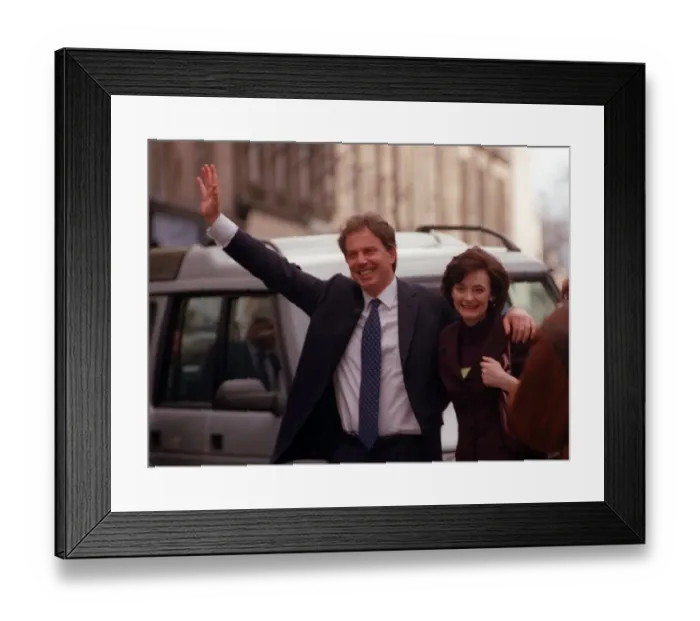 Framed Print : Tony Blair with arm around his wife waving to crowds while in Stirling April 1997 Framed Print : Tony Blair with arm around his wife waving to crowds while in Stirling April 1997