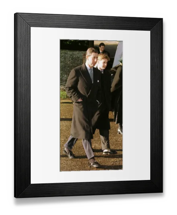 Framed Print : Prince Charles Prince of Wales walking with his son Prince William to church on Christmas Framed Print : Prince Charles Prince of Wales walking with his son Prince William to church on Christmas