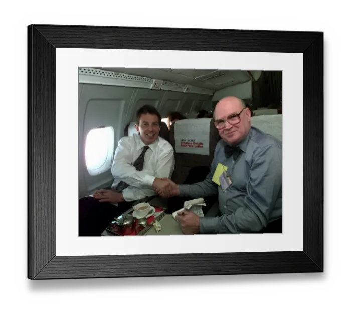 Framed Print : Tony Blair shakes hands with journalist Tom Brown inside aircraft on its way to Edinburgh Framed Print : Tony Blair shakes hands with journalist Tom Brown inside aircraft on its way to Edinburgh