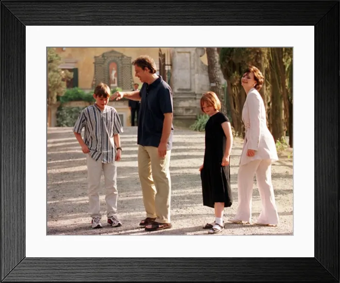 Framed Print : Tony Blair on holiday in Tuscany August 1998 with wife Cherie and children Kathryn