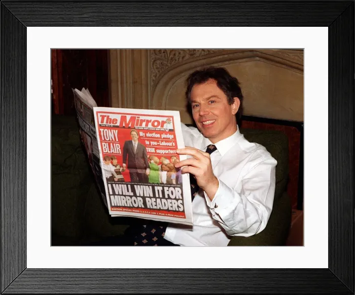 Framed Print : Tony Blair MP Labour Leader reads the Daily Mirror Newspaper at Home