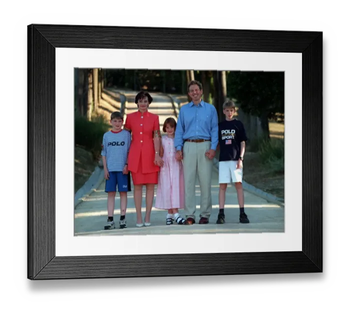 Framed Print : Tony Blair and wife Cherie and family on holiday Italy August 1997 where they are Framed Print : Tony Blair and wife Cherie and family on holiday Italy August 1997 where they are