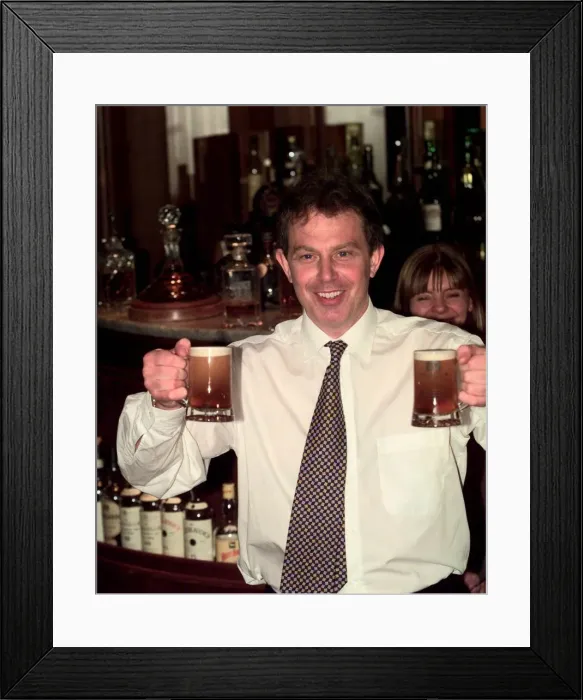 Framed Print : Tony Blair Labour Party leader in a pub holding two half pints of beer Framed Print : Tony Blair Labour Party leader in a pub holding two half pints of beer