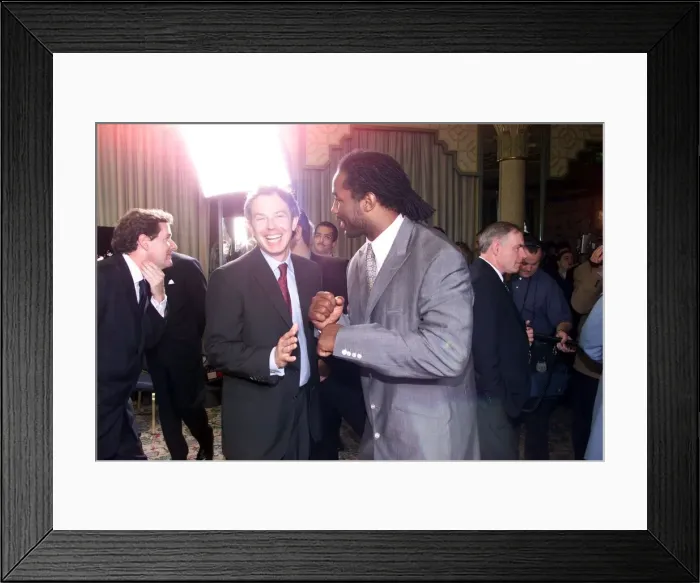 Framed Print : Lennox Lewis boxer with Tony Blair Prime Minister May 1999 at the Mirror Pride of Framed Print : Lennox Lewis boxer with Tony Blair Prime Minister May 1999 at the Mirror Pride of