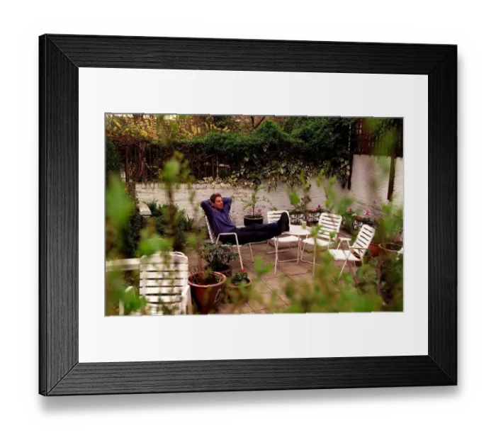 Framed Print : Tony Blair Labour Party leader at home resting in the garden sitting on chair Framed Print : Tony Blair Labour Party leader at home resting in the garden sitting on chair