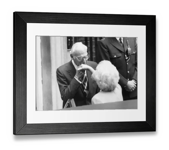 Framed Print : Denis Thatcher and Barbara Bush wife of American President George Bush at Downing Street Framed Print : Denis Thatcher and Barbara Bush wife of American President George Bush at Downing Street