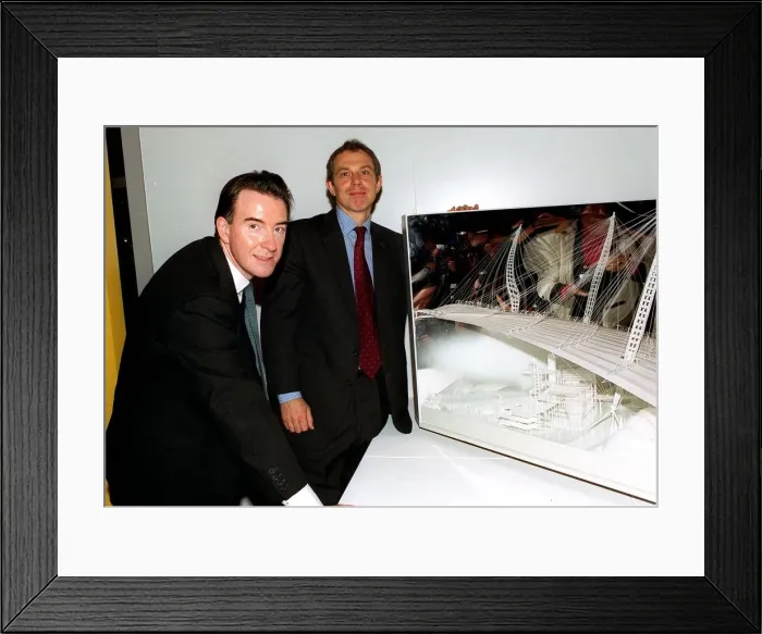 Framed Print : Tony Blair with model of new Millennium Dome Feb 1998 with Peter Mandelson in Framed Print : Tony Blair with model of new Millennium Dome Feb 1998 with Peter Mandelson in