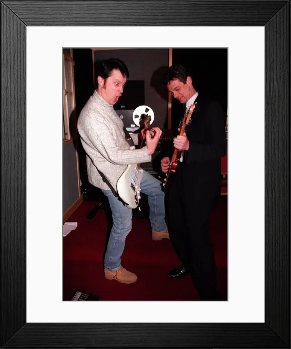 Framed Print : Vic Reeves comedian and singer with Matthew Wright Daily Mirror journalist jamming