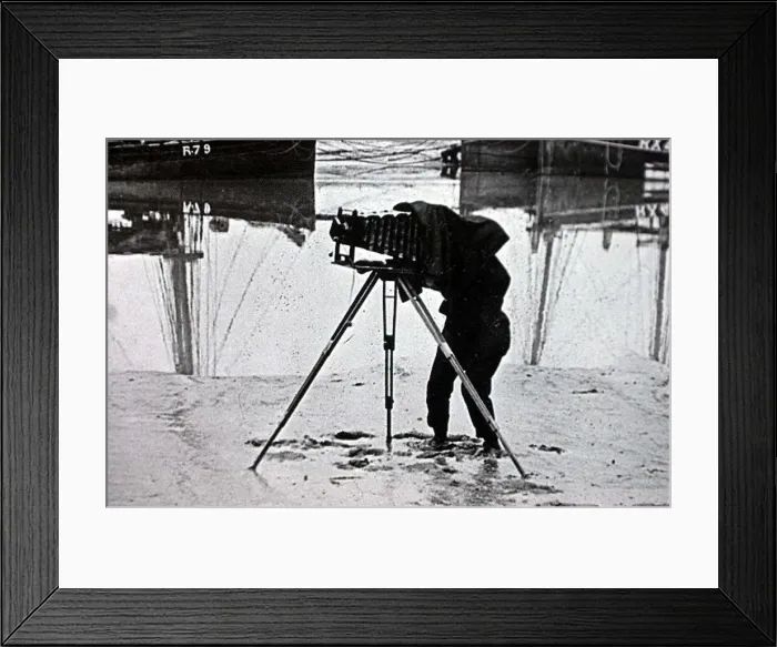Framed Print : OLD PHOTOGRAPH OF A PHOTOGRAPHER ON THE BEACH MARCH 2001 USING A PLATE CAMERA ON