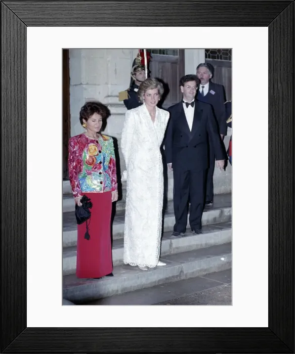 Framed Print : Diana, Princess of Wales, wearing a white and blue lace Framed Print : Diana, Princess of Wales, wearing a white and blue lace