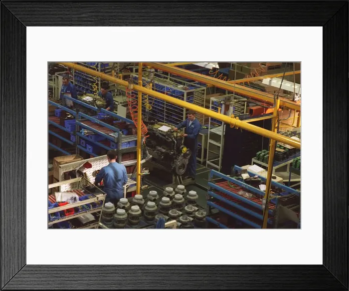 Framed Print : Cummins factory at Shotts interior of building showing men at work at machinery Plant to Framed Print : Cummins factory at Shotts interior of building showing men at work at machinery Plant to